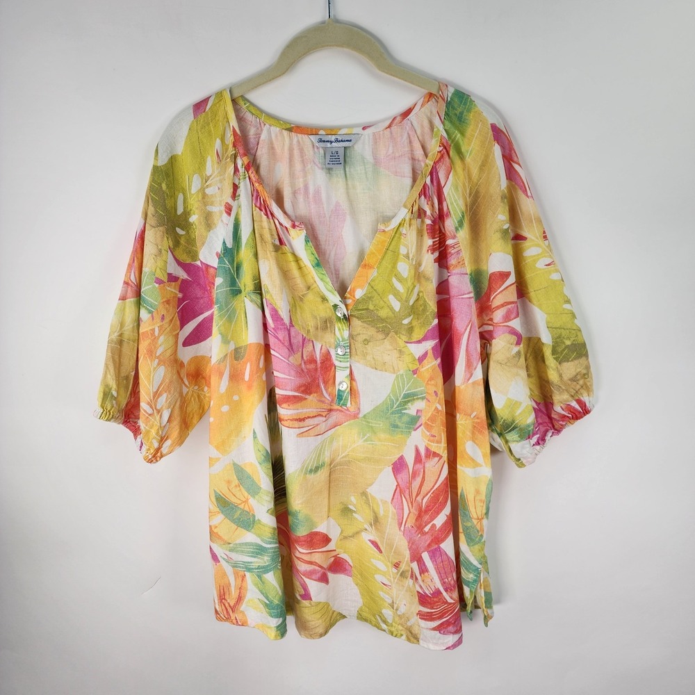 Tommy Bahama Top Women's L Floral Linen Split V Neck Puff Sleeve Multicolor